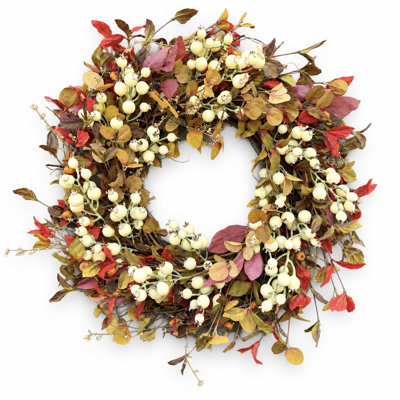 Couronne de porte d'entrée artificielle de 61 cm (24 po) avec feuillage d'automne, baies et grappes de fleurs. Décoration automnale pour porche ou mur.