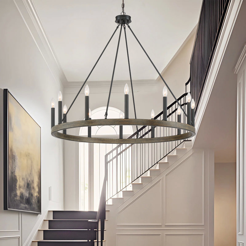 12-Light Wagon Wheel Candle Style Chandelier, Californian walnut/classic black
