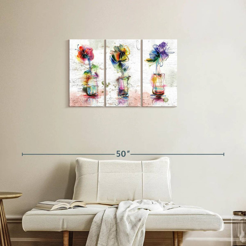 Rustic Colorful Flowers - 3 pièces, reproduction sur toile tendue, H 20 po x l 33 po x P 1,25 po