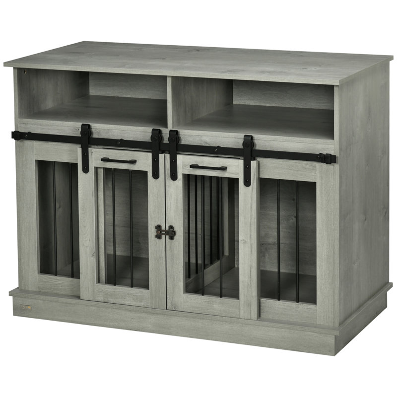 Mobilier de cage pour chien de toutes tailles, gris avec portes coulissantes, cloison amovible et options de rangement pratiques chenil de différentes tailles, tablettes généreuses
