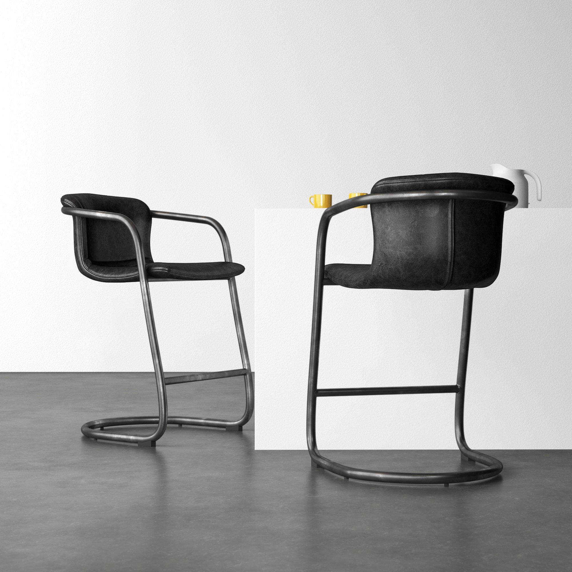 Higbee Genuine Leather Bar & Counter Stool, Counter Stool (25" Seat Height), Black Genuine Leather