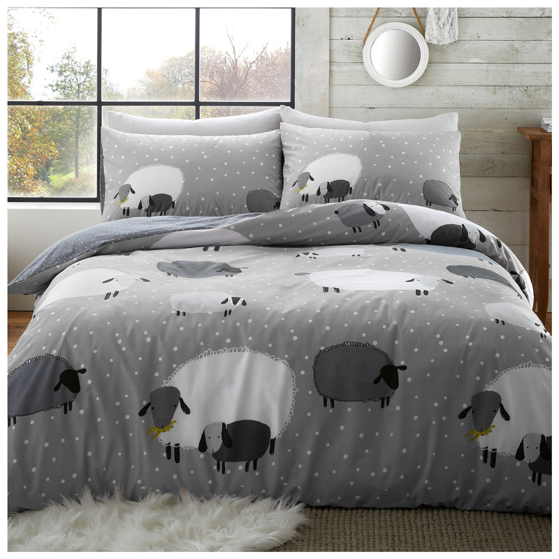 Animal Sheep Design Duvet Cover Set with Pillowcases - Polycotton Bedding - Available in Single Double King, Double, Gray
