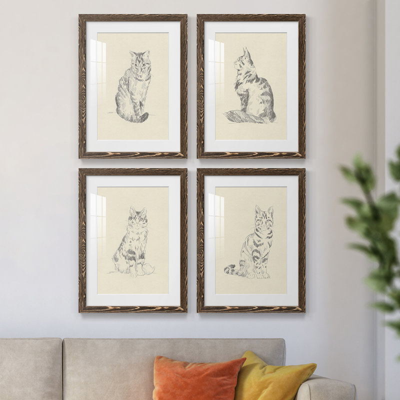 House Cat I - ensemble de 4 reproductions de cadres photo, H 20 po x l 68 po x P 1,5 po, Noyer