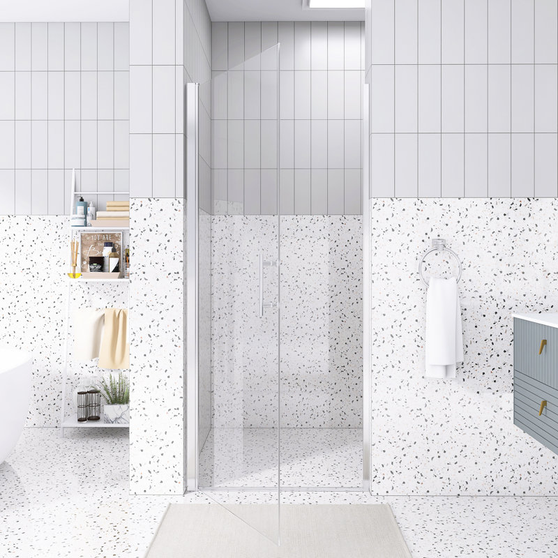 32"X 72" Pivot Shower Door | Chrome Aluminum Frame | Half Frame | 1/4 Inch Tempered Glass With Explosion-Proof Film | Stainless Steel Handle