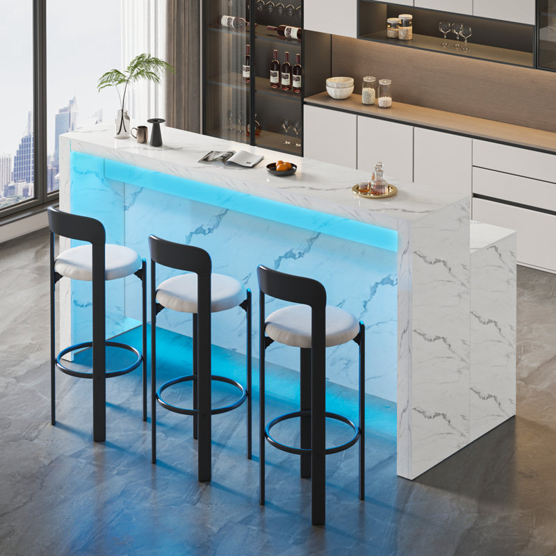 2-Tire Faux Marble Kitchen Island Dining Table with LED Light, Modern Stationary Kitchen Island with Power Outlet for Dining Room