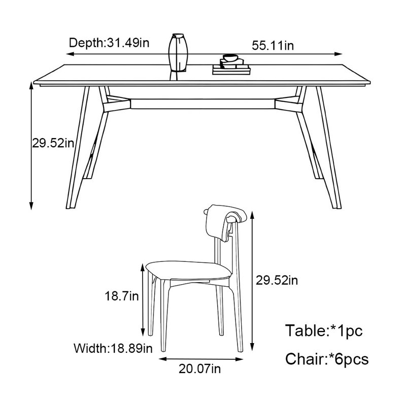 Ensemble de table de salle à manger rectangulaire en bois massif, H 29,52 po x L 55,11 po x l 31,49 po