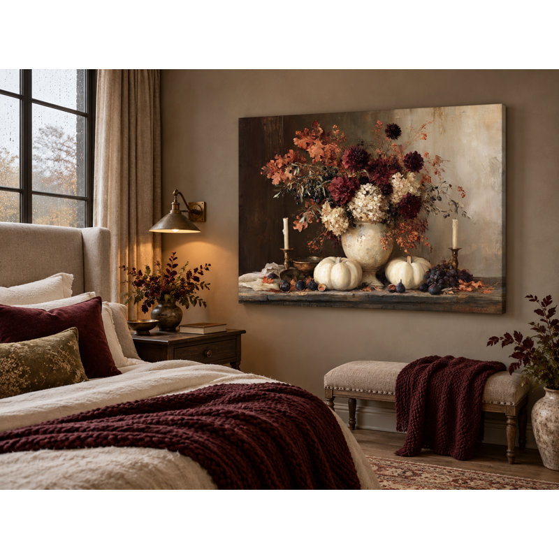 Chêne, feuille de chêne, récolte de fleurs et citrouille, art mural, 48" W x 36" H x 1.5" D