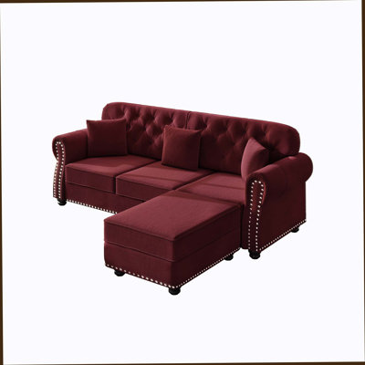 82.6"Upholstered Velvet Sofa With Nailhead Trim And Rolled Armrests,Mid-Century Modern Chesterfield Sofa With Button Tufted,Includes 3 Pillows,Burgundy