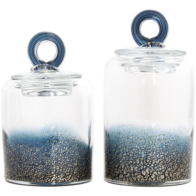 Glass Handmade Decorative Jars with Gold Flake Details and Ring Lids Set, Blue