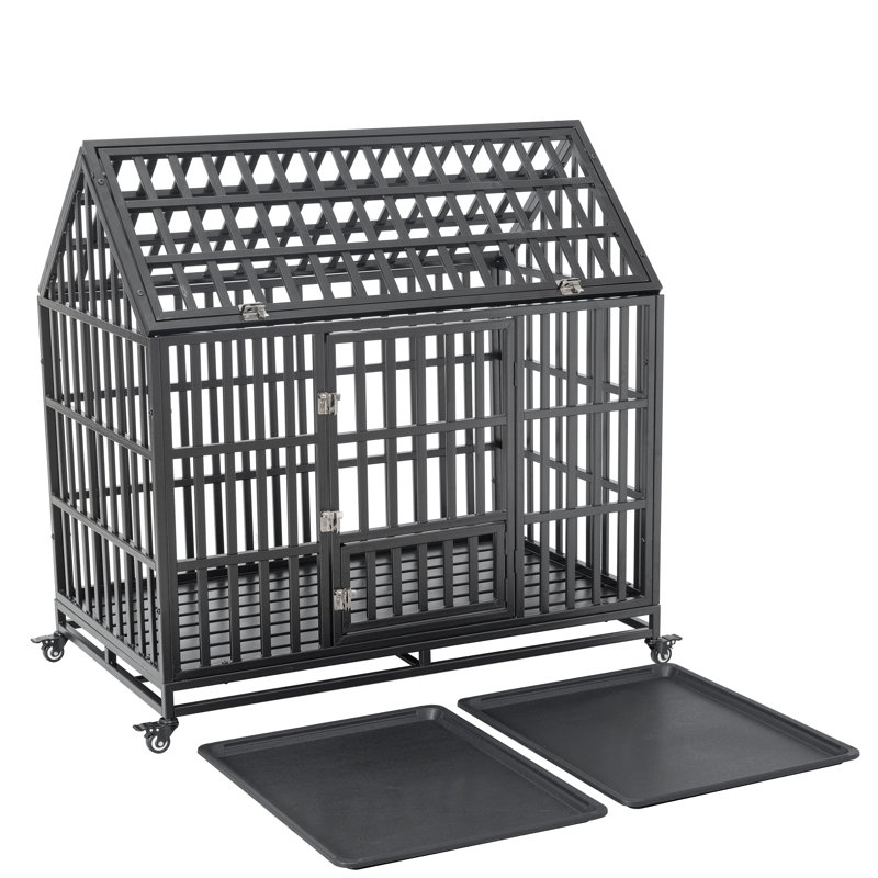 Heavy Duty Black Rolling Dog Crate with Roof and Window