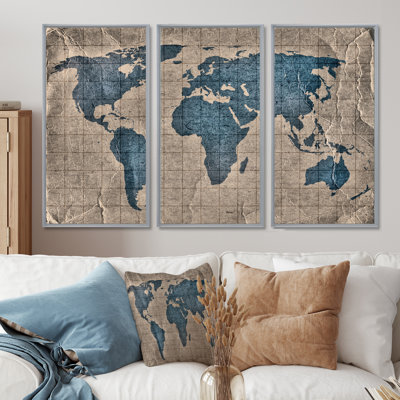 Ancienne carte du monde I - 3 pièces sur toile, cadre flottant