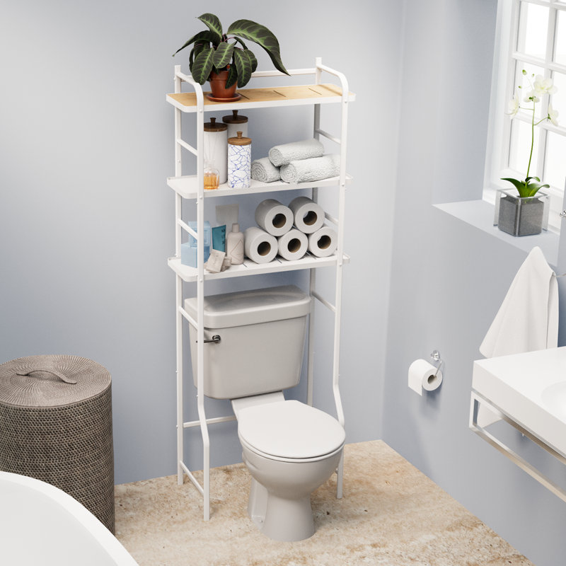 Noeli 3-Tier Over-the-Toilet Storage Rack, White with Bamboo Accent Shelf