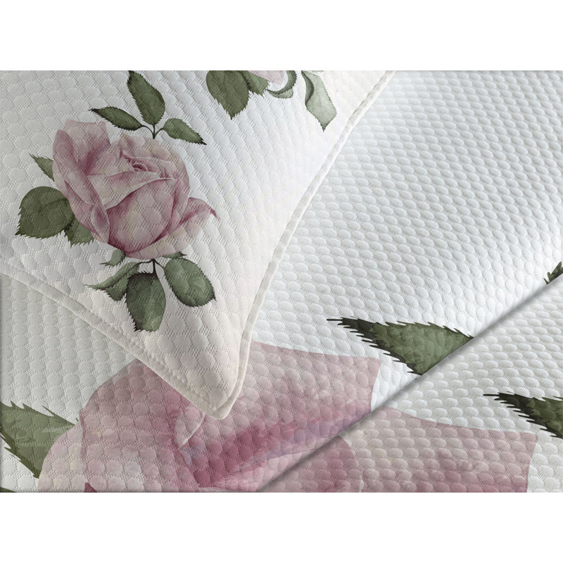 Queen Pink Floral Quilted Bedspread Set with Shams