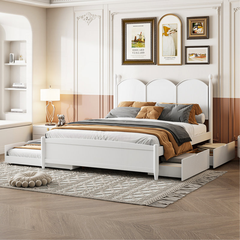 Grand lit plateforme avec 2 grands tiroirs, lit gigogne simple TG, blanc