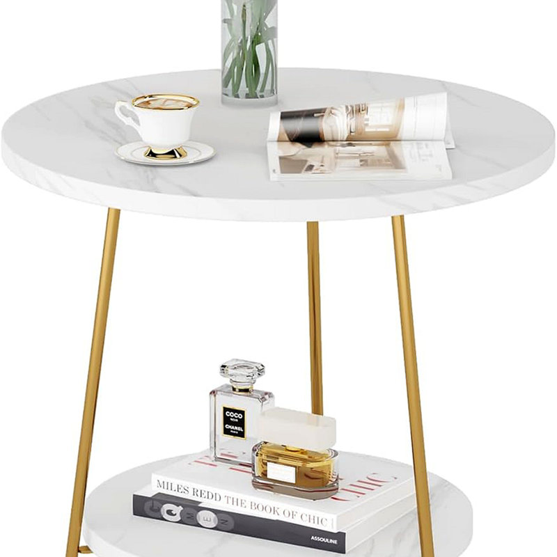 Table de bout ronde en faux marbre 18,7 po, table d'appoint ronde à 2 niveaux, petite table basse ou table de chevet moderne
