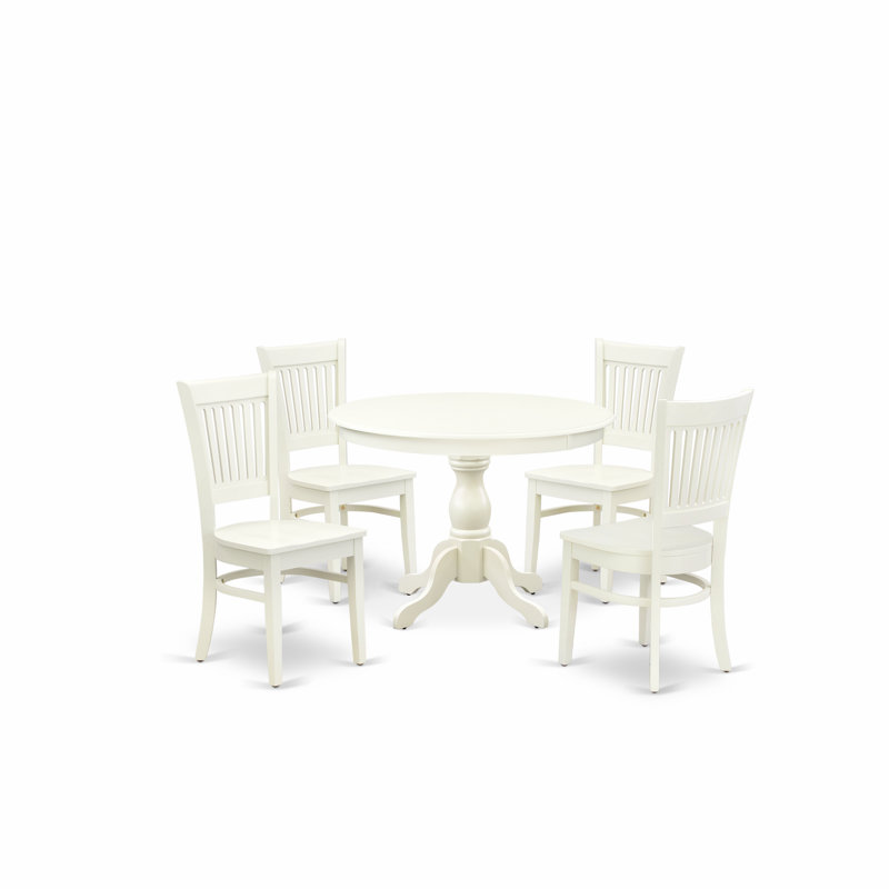 Ensemble de mobilier de salle à manger 5 pièces comprenant une table de cuisine ronde avec piédestal et 4 chaises de salle à manger, lin blanc