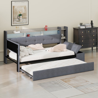 Modern Upholstered Daybed with Storage Footstool, Built-In Shelves, Trundle, USB Charging and LED  Light