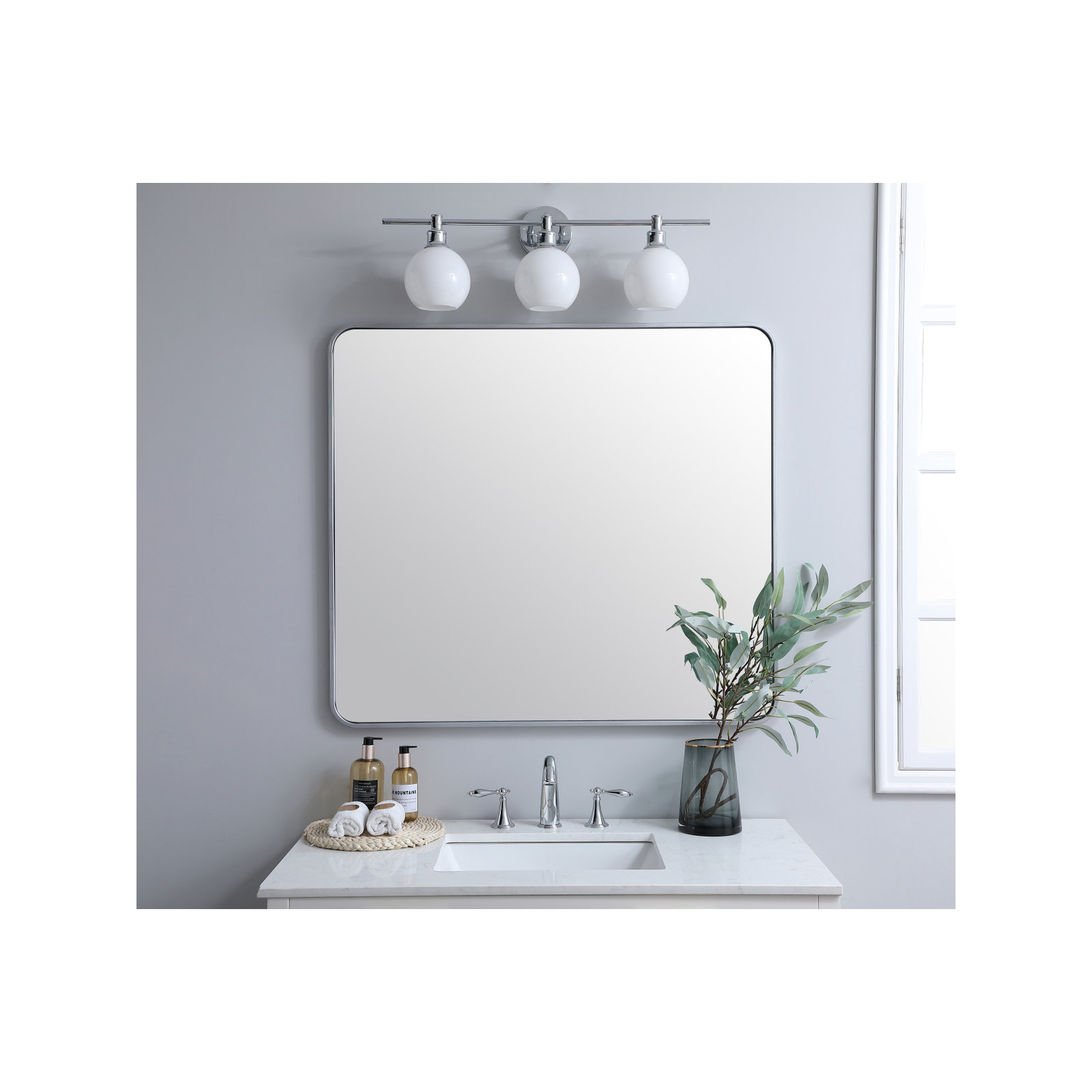 Sabine Metal Rounded Rectangle Wall Mirror, 40" x 36", Silver