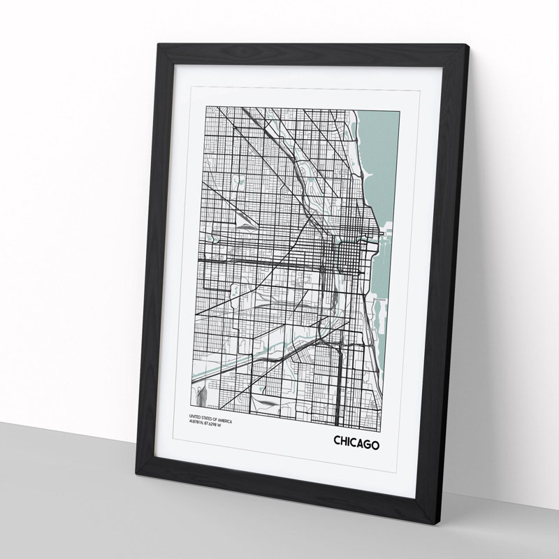 Map Chicago USA - Picture Frame Graphic Art, 36cm H x 27cm W x 2cm D, Black Framed
