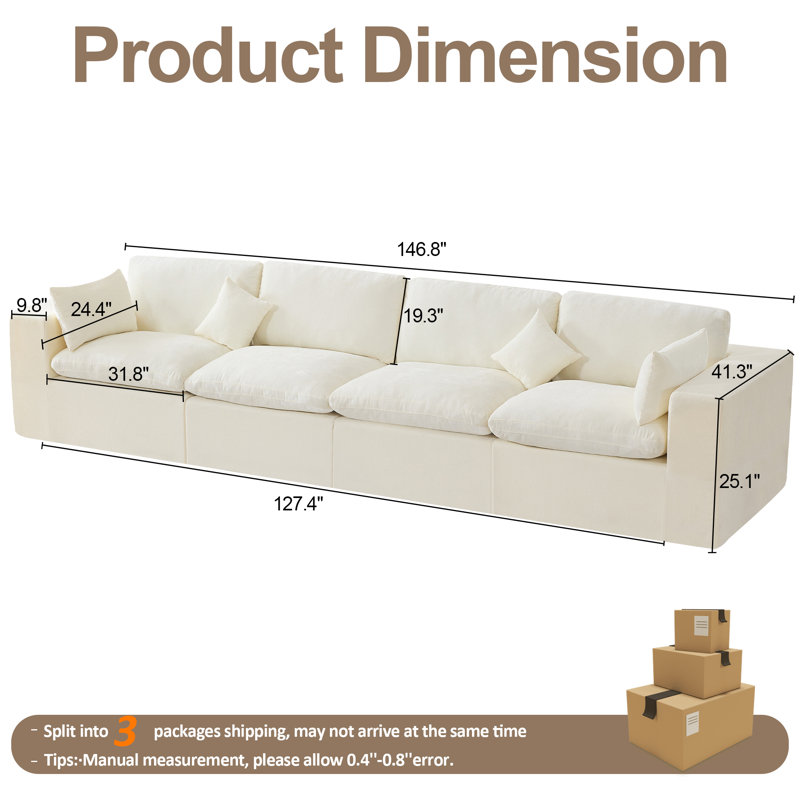 Canapé en chenille, H 25,1 po x l 146,8 po x P 41,3 po, Beige
