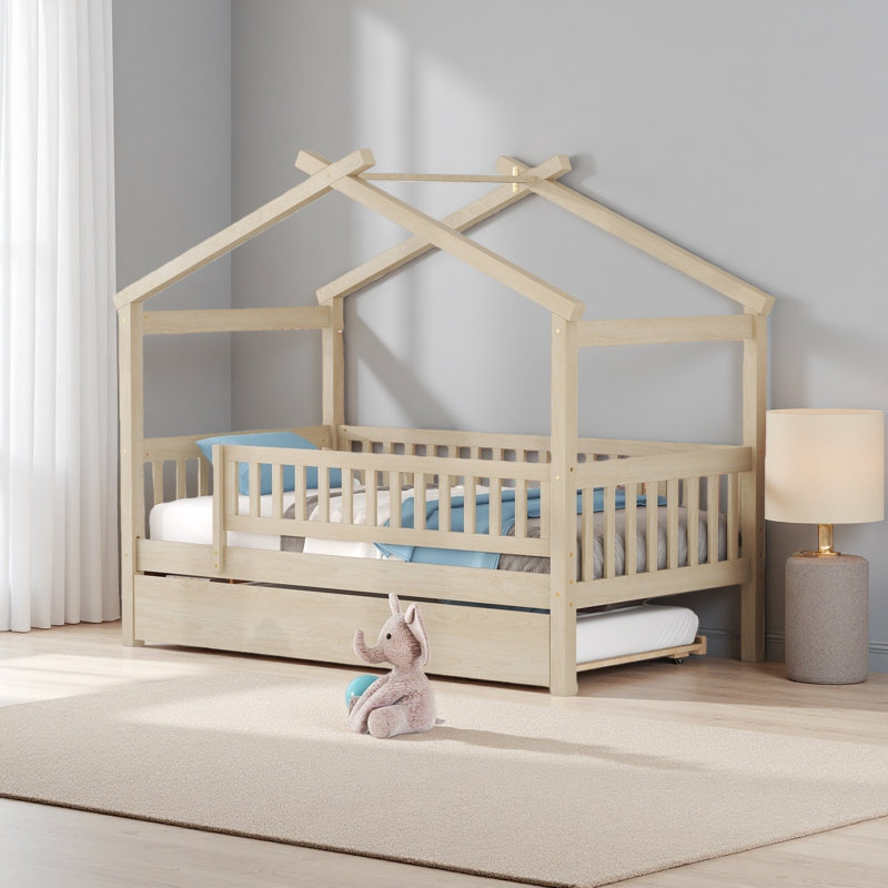 Lit en bois avec lit gigogne simple, Lit simple, Naturel