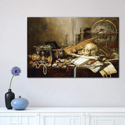 A Vanitas Still Life (Instruments, Manuscripts, Goblet, Jewellery, Candlestick, Globe, Jewels, Shells, Bones & Hour-Glass, 1653 by Pieter Claesz - Wrapped Canvas Print