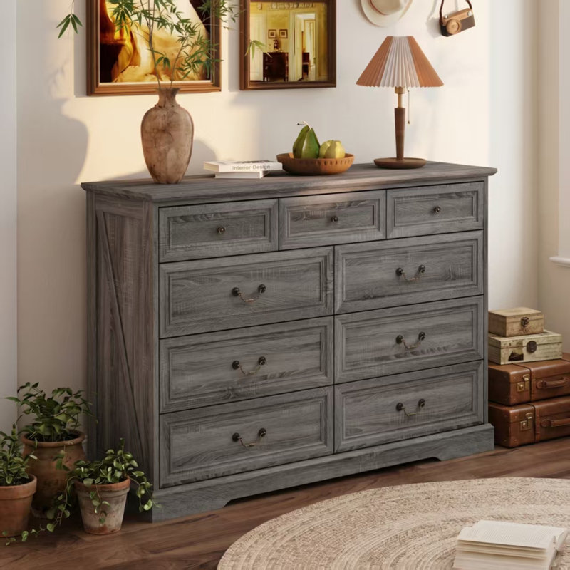 Commode de rangement classique à 9 tiroirs, Gris / grain de bois gris
