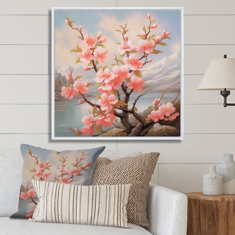 Fleur de pêche - reproduction sur toile, Cadre flottant blanc, H 36 po x l 36 po x P 1,5 po