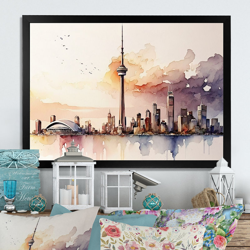 " Toronto Skyline VII ", Black Picture Framed Canvas, 20" W x 12" H