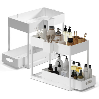 StorageBud 2 Tier Non-Slip Grip Kitchen Under Sink Organizer with Side Caddy & Sliding Drawer