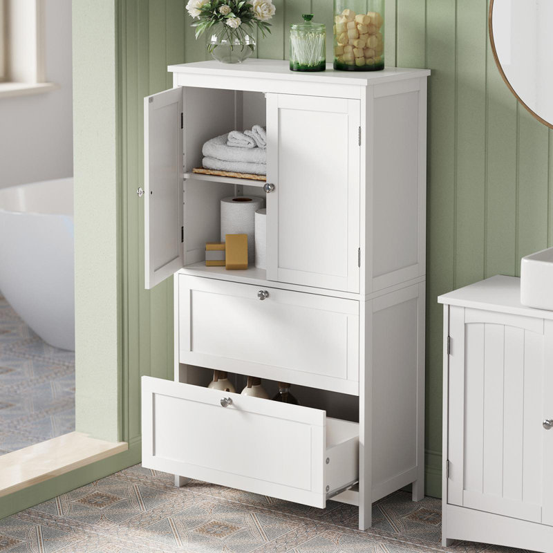 43.5" H Floor Storage Cabinet, 2-Door and 2-Drawer Cupboard With Adjustable Shelves, White
