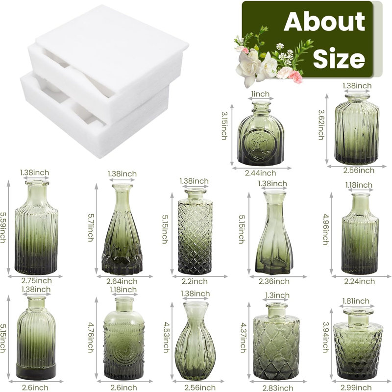12pcs Green Glass Bud Vases Set