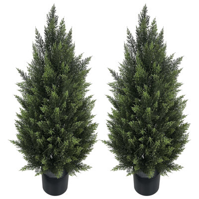 3ft Artificial Cedar Tree Set of 2 – Weatherproof Faux Evergreen with Black Planter for Indoor Outdoor Farmhouse Decor