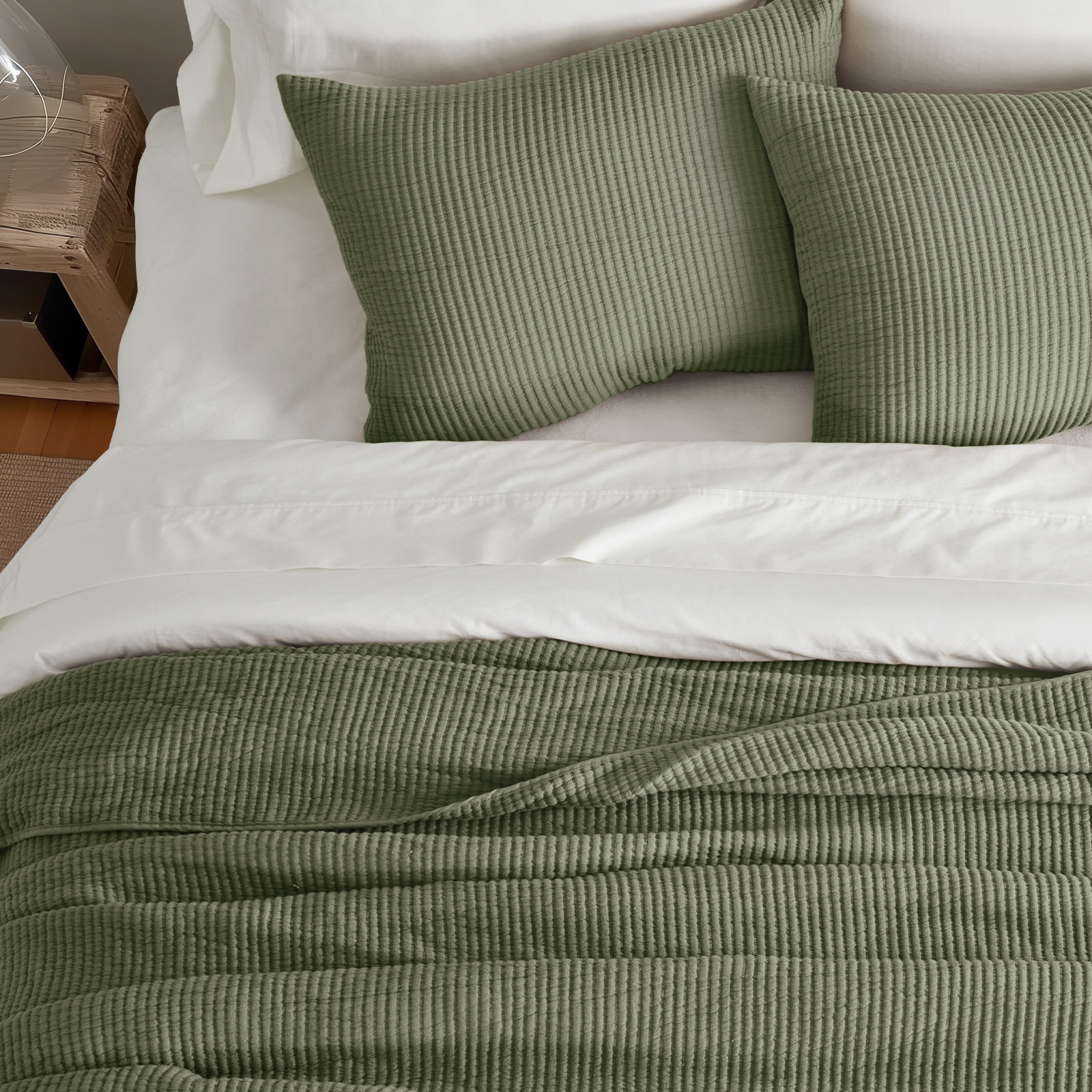 Ribbed Cotton Coverlet Set, Queen Quilt + 2 Queen Shams, Olive Green