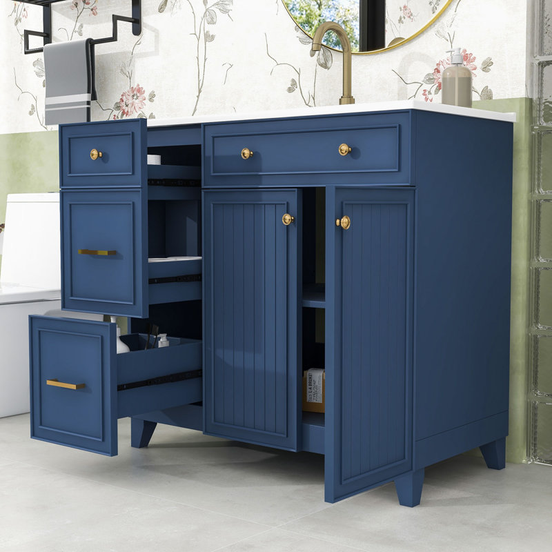 Meuble-lavabo 2 tiroirs 36 po avec lavabo en céramique et tablette réglable 36 po, Marine