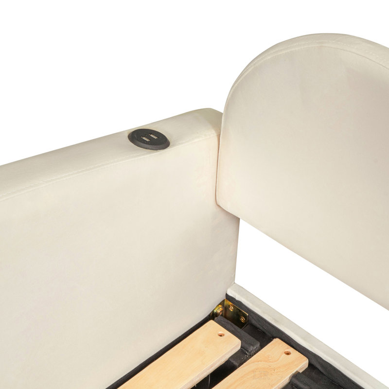 Lit de jour simple rembourré avec dossier en forme de nuage, lit gigogne, 2 tiroirs et ports USB, Beige