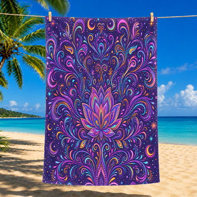 1Pcs Bohemian Mandala Beach Towel, Featuring a Vibrant Lotus Flower with Swirling Psychedelic Patterns in Purple, Pink, Blue, and Yellow. Large Microfiber for, Swimming, Travel, Yoga