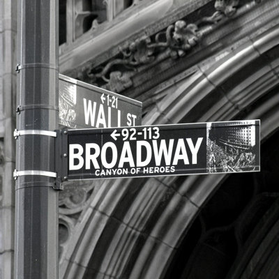 Broadway Street et Wall Street, plaque de rue, New York City, coin, noir et blanc