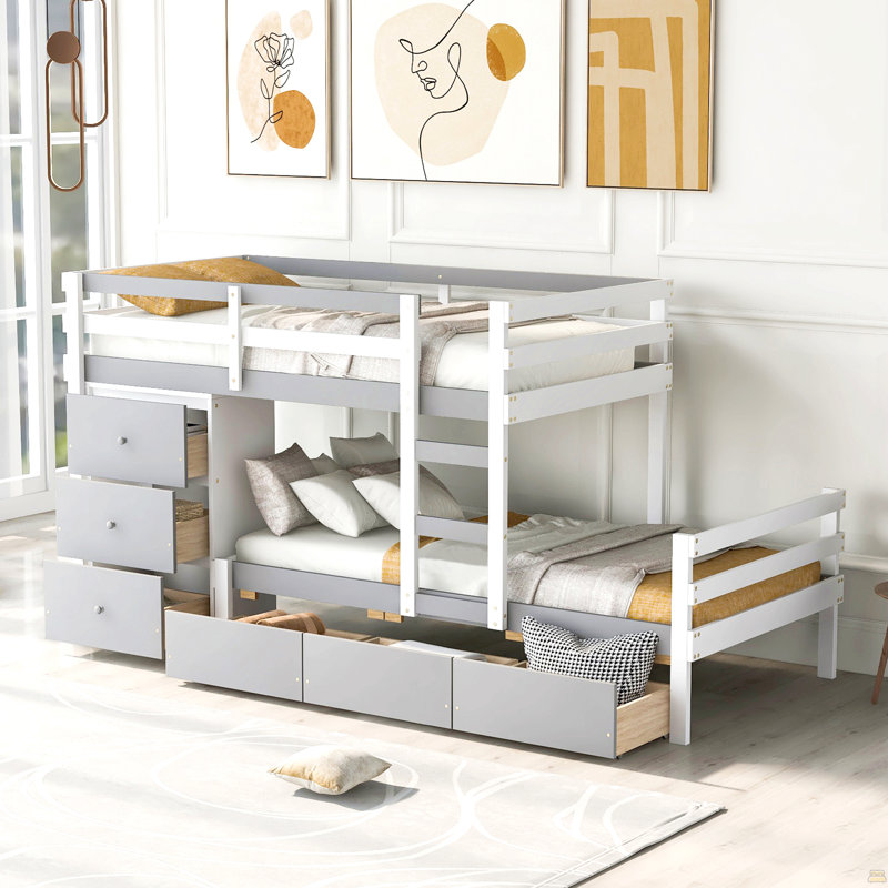 Lit superposé simple au dessus d'un lit simple avec tiroirs et échelle, Gris