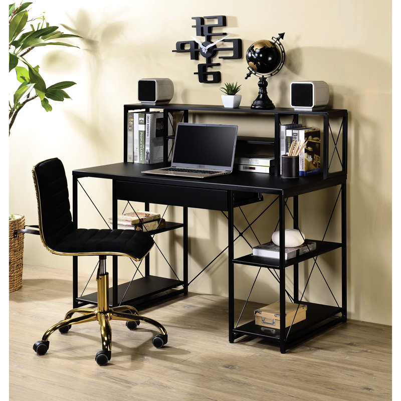 Bureau noir moderne avec un grand plateau de travail et un tiroir
