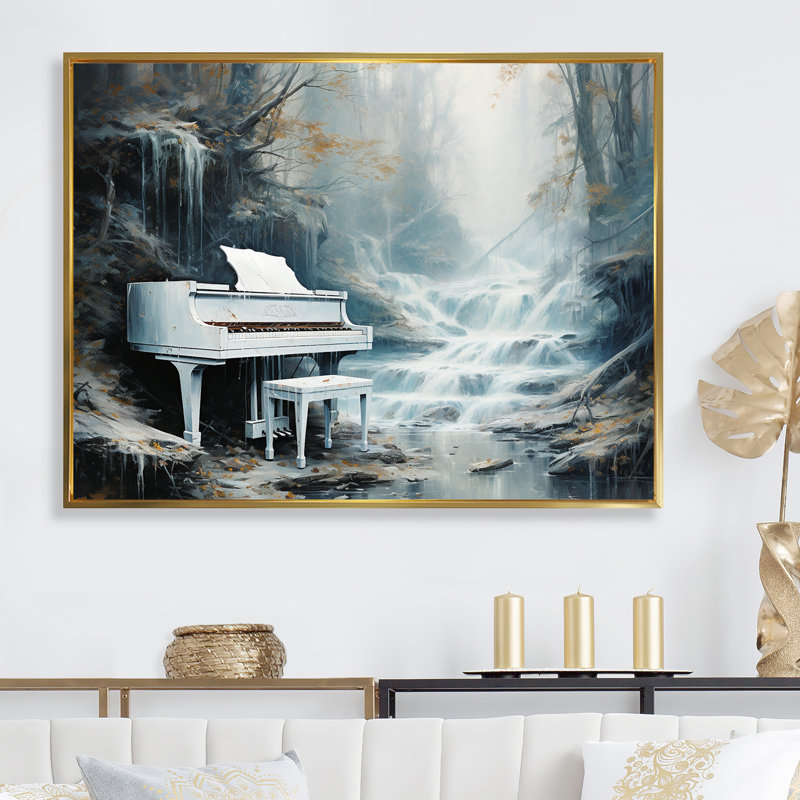 Piano Piano Cascade I sur toile, Cadre flottant doré, H 24 po x l 32 po