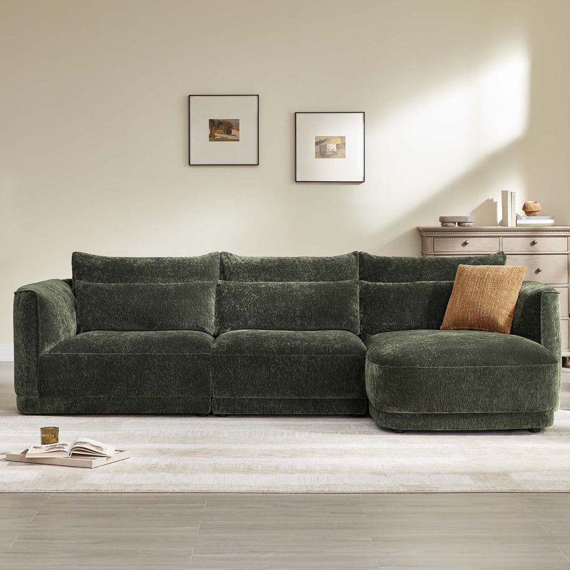 119'' Modular Curved Chenille Sofa With Chaise, Right Hand Facing, Forest Green Polyester