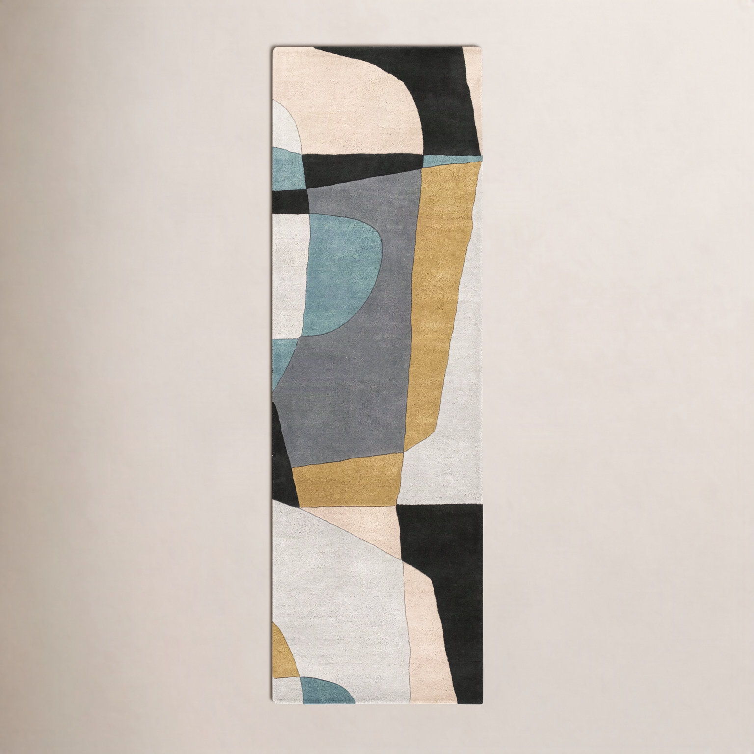 Gaye Gray Khaki Teal Hand-Tufted Geometric Rug, Runner 2'6" x 8'
