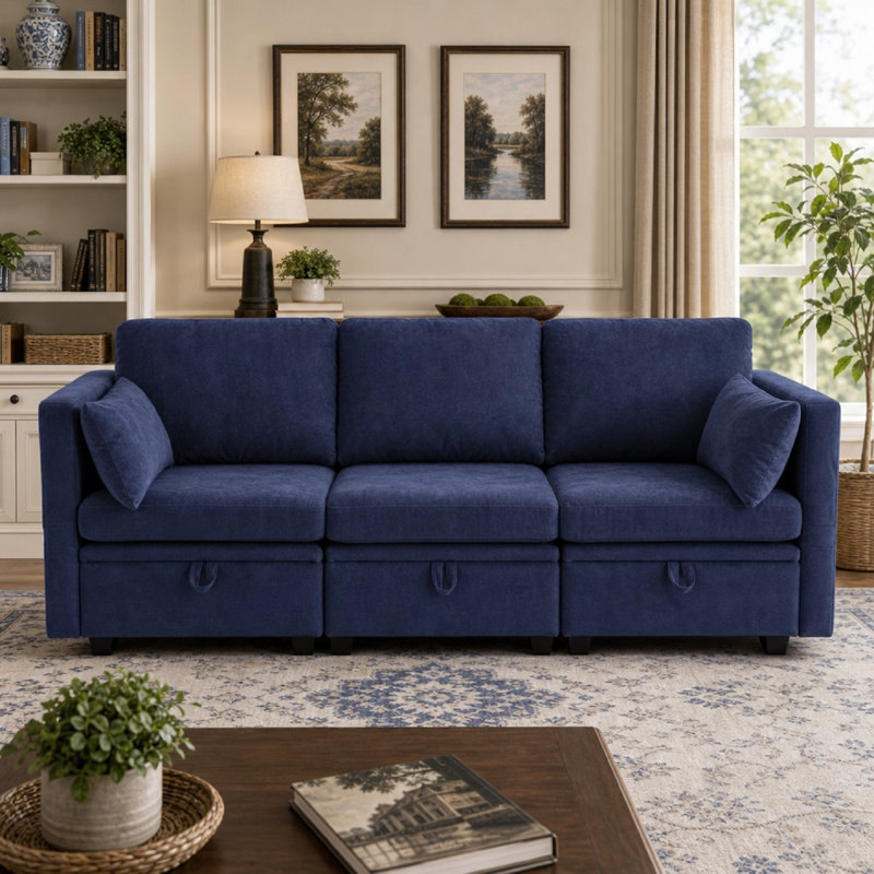 Canapé modulaire avec rangement sous le siège, accoudoirs et dossier réglables (canapé 3 pièces), Bleu très foncé