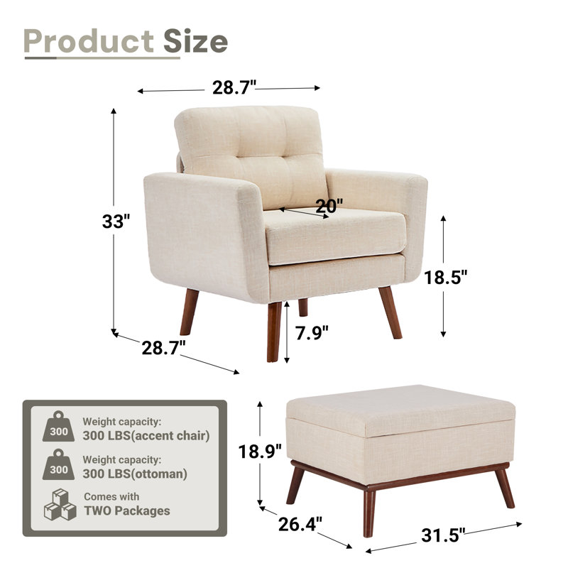 Ensemble de salon rembourré en lin avec repose-pieds et rangement, Beige