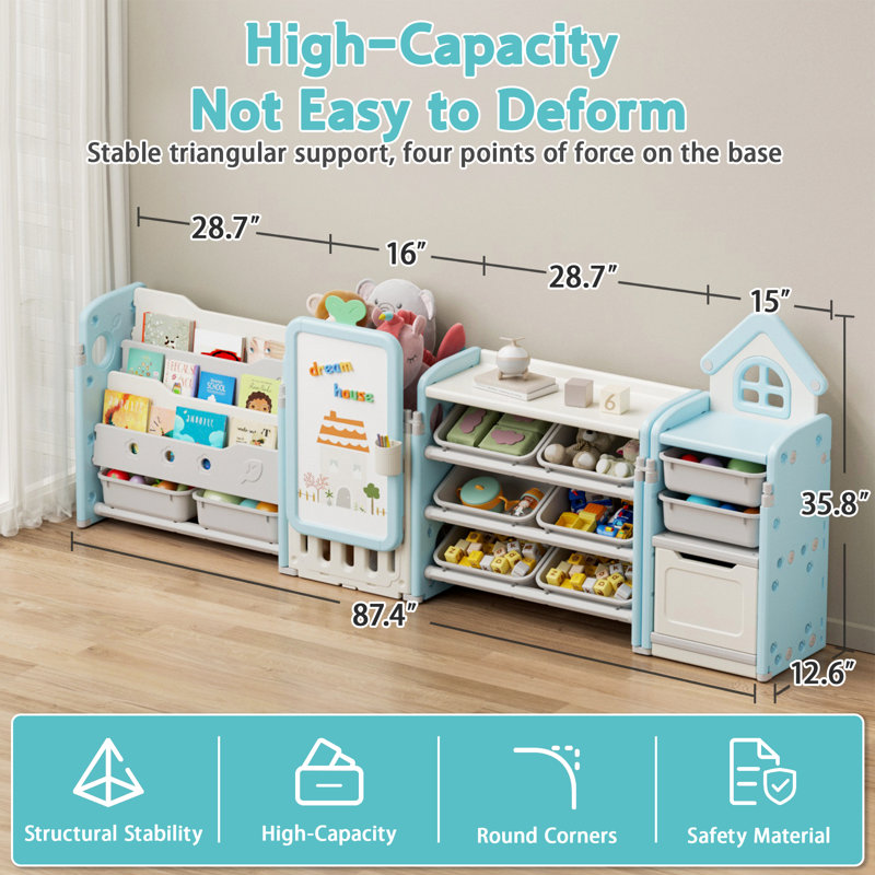 Foldable Kids Toy Storage Organizer ,With Removable Bins And 3-Tier Bookshelf For Kids Toy Storage Organizer With Drawing Board, Extra 3 Brushes