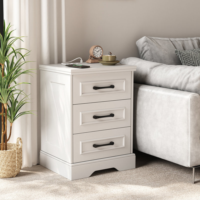 Valera Farmhouse 3-Drawer Nightstand With Charging Station And Bar Handles, Set of 2, White