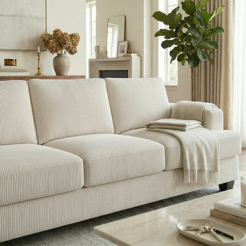 89'' Upholstered Sofa, Modern 3 Seater Corduroy Couch With Square Armrests, Beige