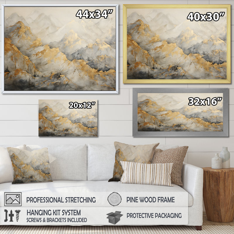 «Bold Beige and Gold Mountain Glacier», reproduction d'art sur toile, H 16 po x l 32 po x P 1 po, Cadre simple noir