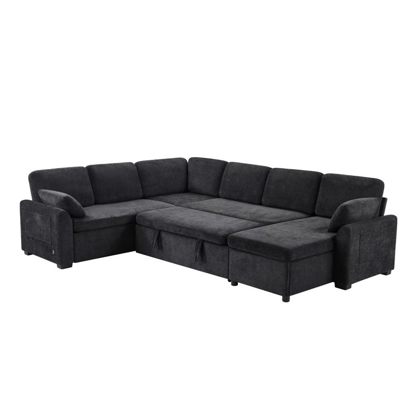 U-shaped Sectional Sofa with Storage Pockets, Convertible Sofa Bed, Chenille - Black